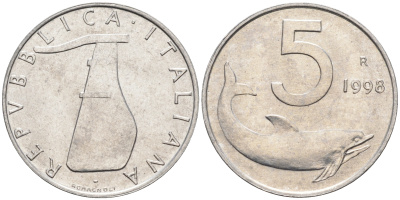 Италия 5 лир 1998 R, дельфин KM 92 алюминий  UNC  4594-927