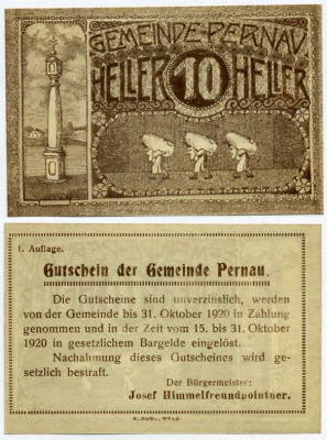 Австрия, Пернау 10 геллеров 1920 15-31 октября 1920, нотгельд, земля Верхняя Австрия   бумага  UNC (пресс) 8614-30-4-1