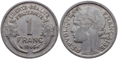 ФРАНЦИЯ 1 ФРАНК 1946 KM 885а.1 алюминий 23-1056