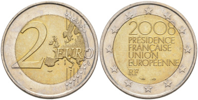 Франция 2 евро 2008 председательство в ЕС KM 1459 биметалл UNC 4389-815