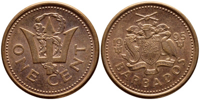 Барбадос 1 цент 1995 сломанный трезубец Британии KM 10а цинк плакированный медью 4396-1269