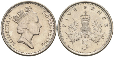 Великобритания 5 пенсов 1992 Елизавета II (1952-2022) KM 937b, Spink 4372 (D4) медно-никель 4115-726