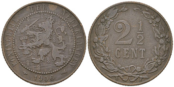 Нидерланды 2 1/2 цента 1906 Вильгельмина (1890-1948) KM 134 бронза 4582-1146