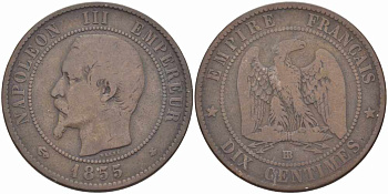 ФРАНЦИЯ 10 САНТИМОВ 1855 BB, НАПОЛЕОН III (1852-1870) KM 771.3, LE FRANC 133.23 бронза 38-1035