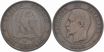 ФРАНЦИЯ 10 САНТИМОВ 1853 ВВ, НАПОЛЕОН III (1852-1870) KM 771.3, LE FRANC 133.4 бронза 38-916