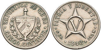 Куба 5 сентаво 1946 звезда, республика (1915-1961) KM 11.3 медно-никель 113-426