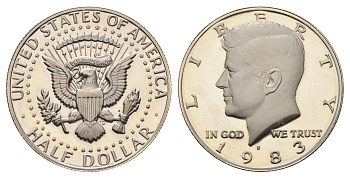 США 1/2 доллара (50 центов) 1983 S, Джон Кеннеди KM A202b медь плакированная медно-никелем PROOF 1522-622