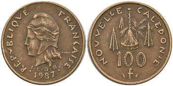 Французская Новая Каледония 100 франков 1987 хижина среди сосен и пальм, (IEOM) KM 15, Schoen 16, Lec 135 никель латунь 4137-945