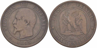 ФРАНЦИЯ 10 САНТИМОВ 1855 BB, НАПОЛЕОН III (1852-1870) KM 771.3, LE FRANC 133.23 бронза 38-1035