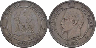 Франция 10 сантимов 1853 ВВ, Наполеон III (1852-1870) KM 771.3, Le Franc 133.4 бронза 38-916