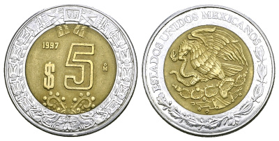 МЕКСИКА 5 ПЕСО 1997 KM 605 биметалл 4385-555