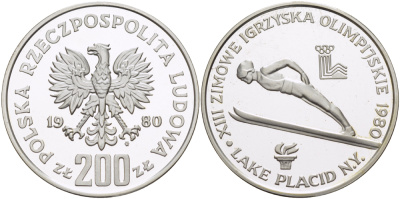 Польша 200 злотых 1980 MW, XIII Олимпийские игры в Лейк-Плэсиде, прыжки с трамплина, с факелом, тираж 32040 экз. KM 110.1 серебро PROOF 1085-1-54