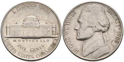 США 5 центов 1962 D, Джефферсон KM А192 медно-никель 92-1045