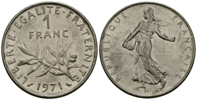 Франция 1 франк 1971 сеятель KM 925 никель 4135-832