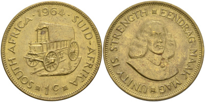 ЮАР 1 цент 1964 Ян ван Рибек, повозка KM 57 латунь 4574-1134