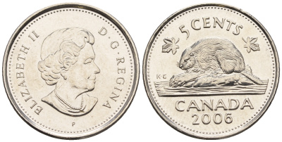 Канада 5 центов 2006 Елизавета II (1952-2022), бобер KM 491 сталь плакированная никелем 4609-446