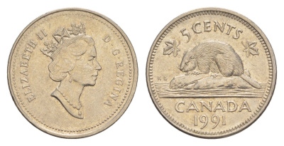 Канада 5 центов 1991 Елизавета II (1952-2022), бобр, редкий год KM 182 медно-никель 4636-621
