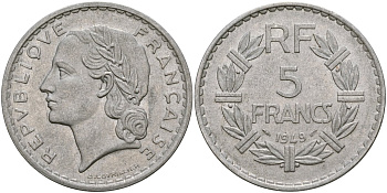 Франция 5 франков 1949 B, тип Лаврилье KM 888b.2, Le Franc 339.19 алюминий 4137-622
