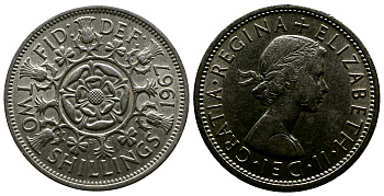 Великобритания 2 шиллинга (флорин) 1967 Елизавета II (1952-2022) KM 906, Spink 4146 медно-никель 4382-734