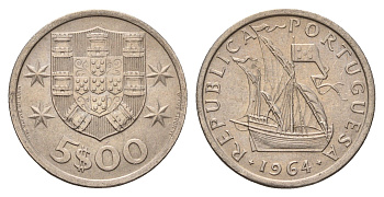 Португалия 5 эскудо 1964 парусник KM 591 медно-никель 4675-327