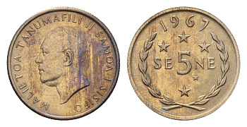 Самоа 5 сене 1967 год-тип KM 3 медно-никель UNC 4679-518