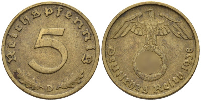 Германия 5 рейхспфеннигов 1938 D KM 91, J. 363 алюминиевая бронза 4151-838