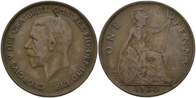 Великобритания 1 пенни 1930 Георг V (1910-1936) КМ 838, Spink 4055 бронза 4149-321
