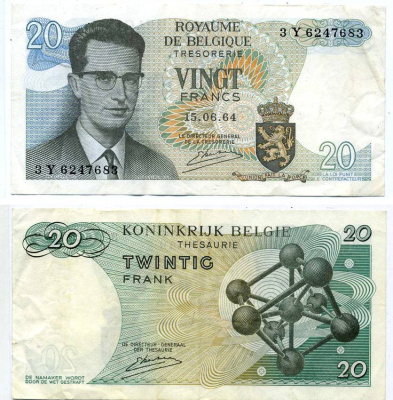 Бельгия 20 франков 1964 Бодуэн I, атомиум, Kestens Pick 138 (3)  бумага   6266-18-4-1