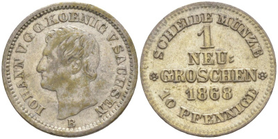 Саксония 1 новый грош 1868 В, Иоганн (1854-1873), Альбертинская линия KM 1221, Jaeger 129, AKS 148 серебро 4384-1156
