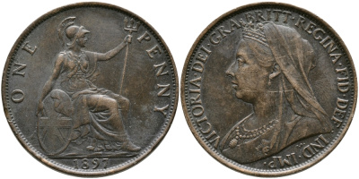 Великобритания 1 пенни 1897 Виктория (1837-1901) KM 790, Spink 3961 бронза 32-216