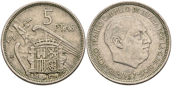 Испания 5 песет 1957(73) Франсиско Франко (1939-1975) KM 786 медно-никель 4571-1211
