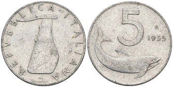 Италия 5 лир 1955 R, дельфин, руль KM 92 алюминий 4567-718