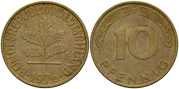 ФРГ 10 пфеннигов 1976 D J. 383, KM 108 сталь плакированная латунью    4603-425