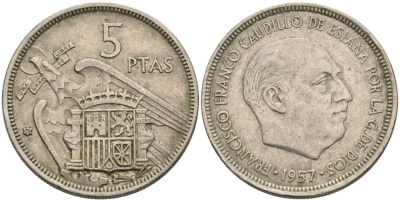 Испания 5 песет 1957(73) Франсиско Франко (1939-1975) KM 786 медно-никель 4571-1211