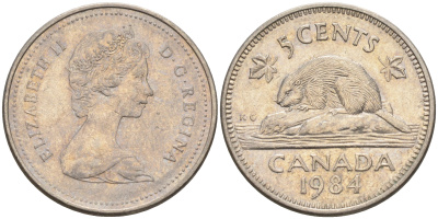 Канада 5 центов 1984 Елизавета II (1952-2022), бобер KM 60.2а медно-никель    4148-1237
