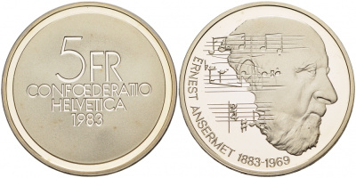 ШВЕЙЦАРИЯ 5 ФРАНКОВ 1983 100 ЛЕТ СО ДНЯ РОЖДЕНИЯ ЭРНЕСТА АНСЕРМЕ KM 62 медно-никель PROOF 1087-3-23