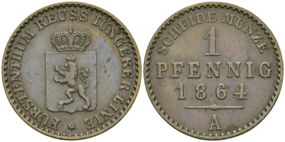 РЕЙС-ШЛАЙЦ 1 ПФЕННИГ 1864 А KM 69 медь 99-925
