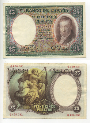 ИСПАНИЯ 25 ПЕСЕТ 1931 25 АПРЕЛЯ 1931, ВИСЕНТЕ ЛОПЕС-и-ПОРТАНЬЯ, БЕЗ СЕРИИ Pick 81 бумага 6278-13-1