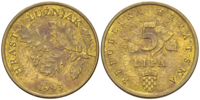 Хорватия 5 лип 1993 дуб, легенда на хорватском KM 5 сталь плакированная латунью 187-441