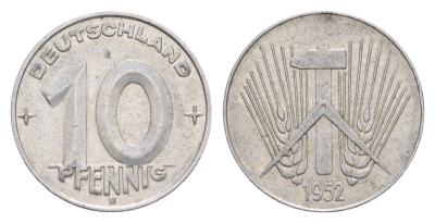 ГДР 10 пфеннигов 1952 E KM 7 алюминий 4647-945