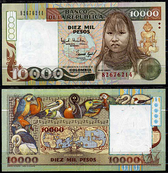Колумбия 10000 песо 1994 Banco de la Republica, 12 октября 1994, женщина Эмбера, карта земного нара 1507 года, птицы Pick 437A бумага UNC (пресс) 451-542-3