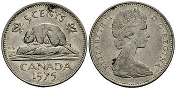 Канада 5 центов 1975 Елизавета II (1952-2022), бобр KM 60.1 никель 4167-924