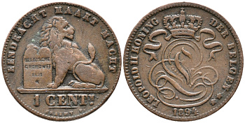 БЕЛЬГИЯ 1 САНТИМ 1894 KM 34.1 медь 100-457