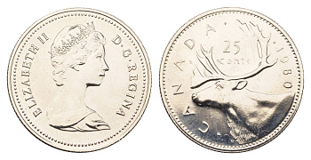 Канада 25 центов 1980 Елизавета II (1952-2022), олень KM 74 никель PROOF-LIKE (BU) 413-4145