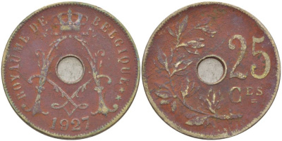БЕЛЬГИЯ 25 САНТИМОВ 1927 BELGIQUE KM 68.1 медно-никель 4546-152