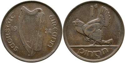 Ирландия 1 пенни 1928 курица с цыплятами KM 3 бронза 4531-622