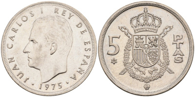 Испания 5 песет 1975 (80) Хуан Карлос I (1975-2014) KM 807 медно-никель 4583-1226