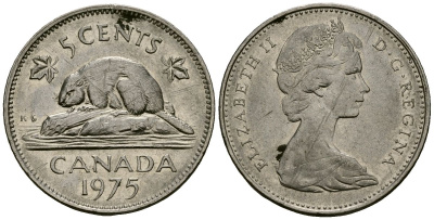 Канада 5 центов 1975 Елизавета II (1952-2022), бобр KM 60.1 никель 4167-924