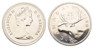 Канада 25 центов 1980 Елизавета II (1952-2022), олень KM 74 никель PROOF-LIKE (BU) 413-4145