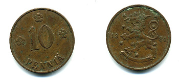 Финляндия 10 пенни 1924 республика (1918-1962) KM 24 медь 46-1117